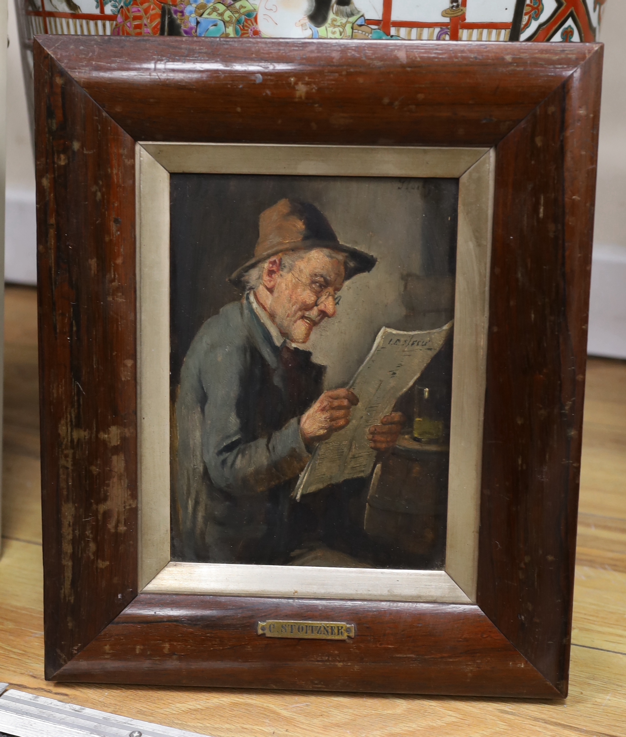 Constantin Stoitzner (Austrian, 1863-1934), oil on wooden panel, 'Reading the news', signed, 20 x 14cm